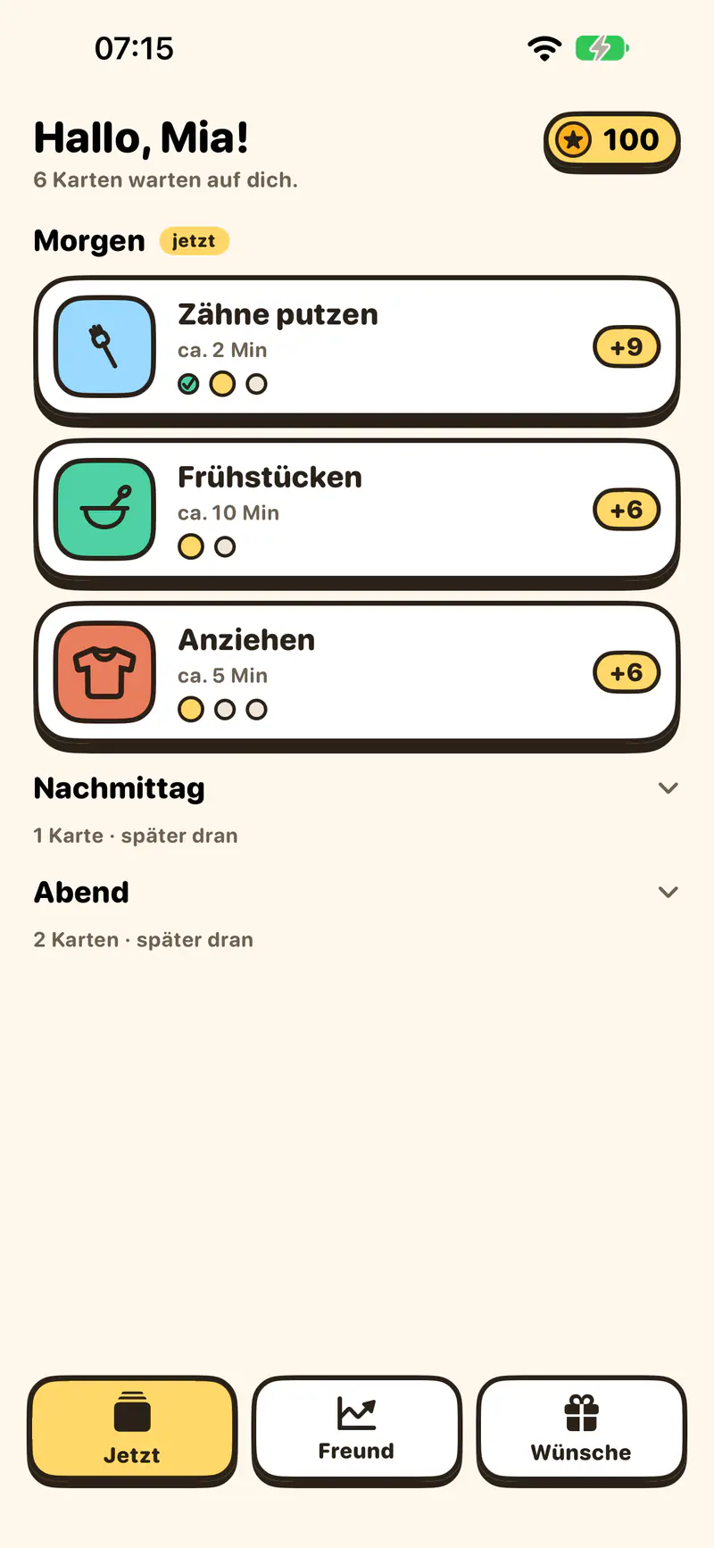 Ansicht des Kindes am Morgen, oben die Karte „Zähne putzen“, darunter Anziehen und Frühstücken, rechts oben der Punktestand